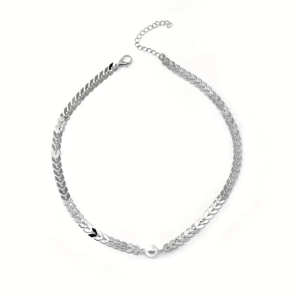 Pearl Silver Fishbone Choker Necklace
